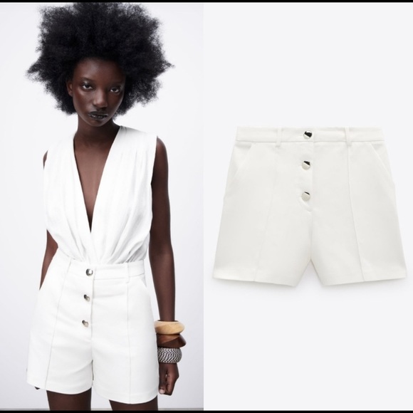 Zara Cream High Waist Gold Buttoned Front White Bermuda Shorts - S 1478036251 - Picture 2 of 5